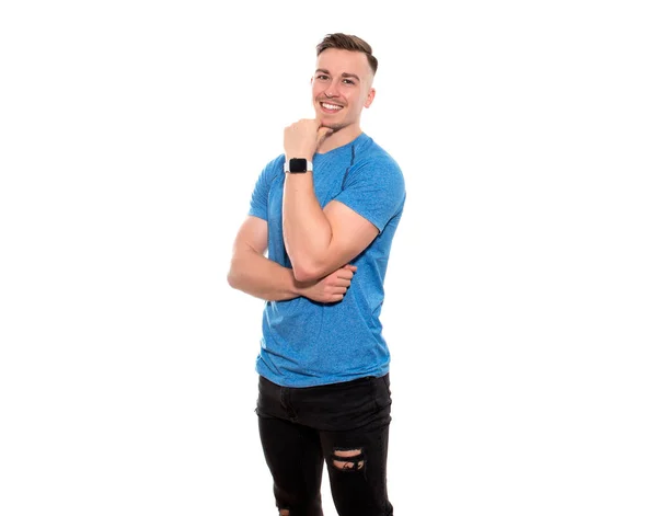 Schöner Junger Und Fitter Mann Shirt Mit Fitness Uhr Auf — Stockfoto