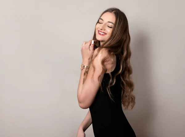 Beautiful Young Woman Long Shiny Healthy Hair Posing Dress Grey Stock Photo