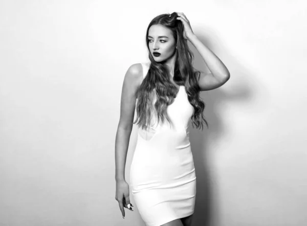 Beautiful Young Woman Long Shiny Healthy Hair Posing Dress Grey — Stock Photo, Image