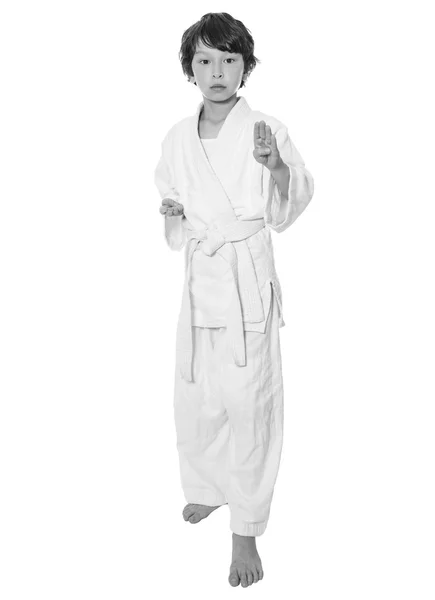 Young asian boy isolated on white in judo clothing doing martial arts — Stock Photo, Image