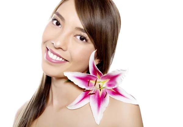 Beautiful asian young woman in white dress with flawless skin — Stock Photo, Image