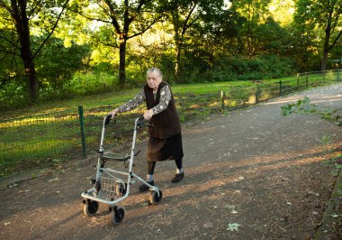 Yaşlı, mutlu, gri saçlı bir kadın. Parkta yürürken gülümserken Walker 'ın yardımıyla. 