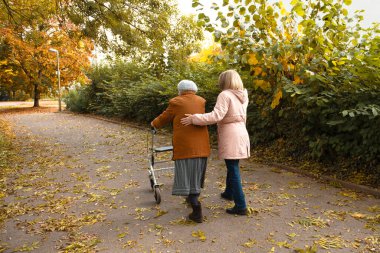 Kadın ve yaşlı annesi, sonbahar yapraklarıyla kaplı parkta yürüyüş yapıyor, aile zamanlarını birlikte geçiriyorlar.