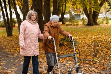 Kadın ve yaşlı annesi, sonbahar yapraklarıyla kaplı parkta yürüyüş yapıyor, aile zamanlarını birlikte geçiriyorlar.