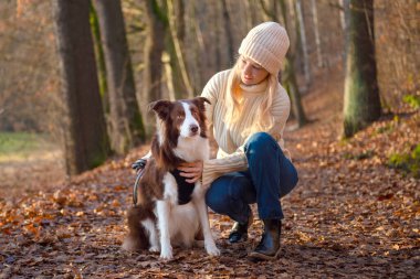 Kadın ve onun sevimli köpekleri ormanda yürüyüş yapıyor, oynuyor, egzersiz yapıyor ve eğleniyorlar.