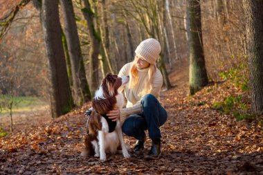 Kadın ve onun sevimli köpekleri ormanda yürüyüş yapıyor, oynuyor, egzersiz yapıyor ve eğleniyorlar.