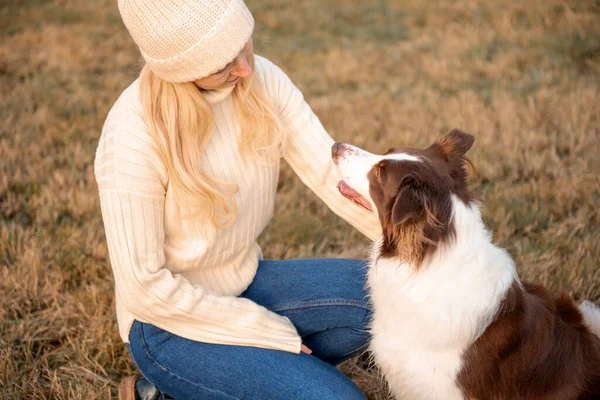 Kadın ve onun sevimli köpekleri ormanda yürüyüş yapıyor, oynuyor, egzersiz yapıyor ve eğleniyorlar.