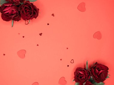 Sevgililer günü, doğum günü ya da yıldönümü kutlamaları için güzel ve şenlikli bir geçmiş. Kırmızı güller ve yazı için beyaz kalp şeklinde bir kart.