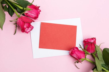 Sevgililer günü, doğum günü ya da yıldönümü kutlamaları için güzel ve şenlikli bir geçmiş. Kırmızı güller ve yazı için beyaz kalp şeklinde bir kart.