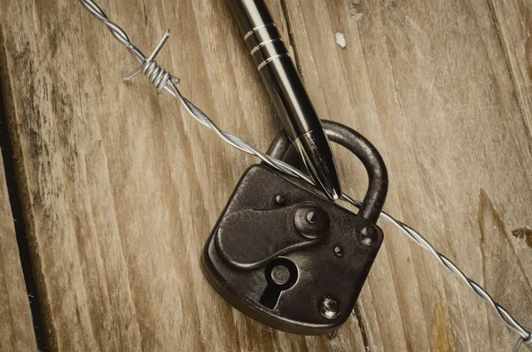 Pen, lock and barbed wire — Stock Photo, Image