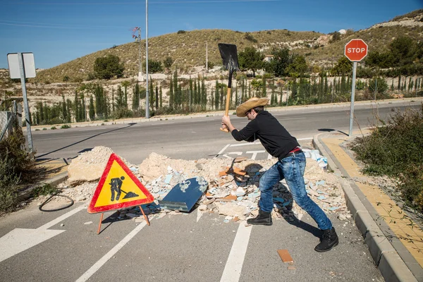 Making a road block — Stock Photo, Image
