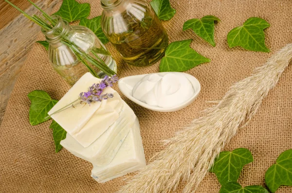 Natural soap and moisturizer — Stock Photo, Image