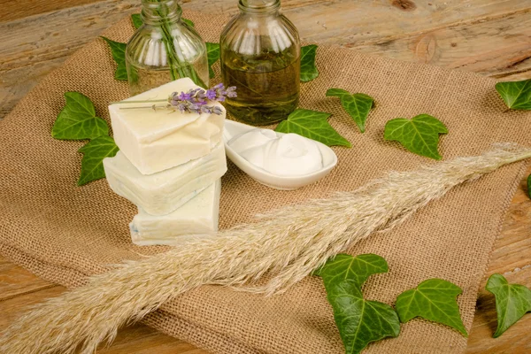 Natural soap and moisturizer — Stock Photo, Image