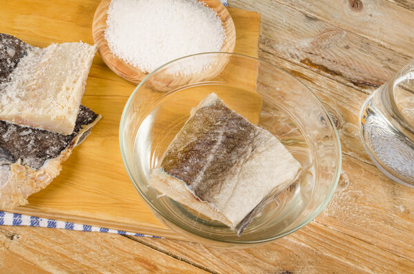 Dried cod being desalted