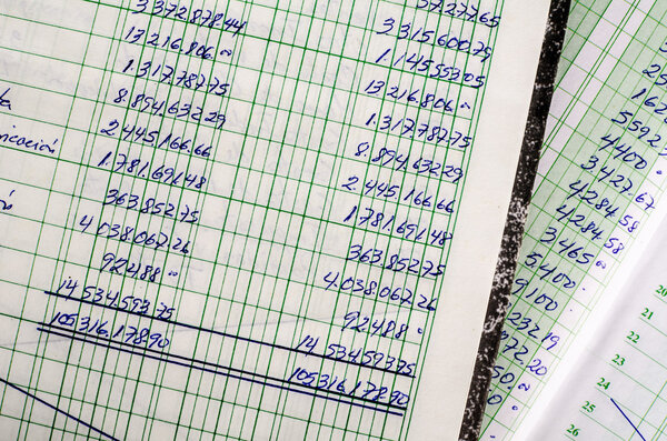 Handwritten accounting on the open pages