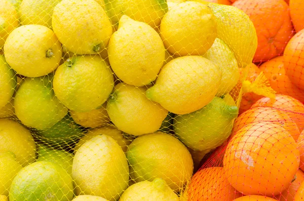 Oranges and lemons in nets — Stock Photo, Image