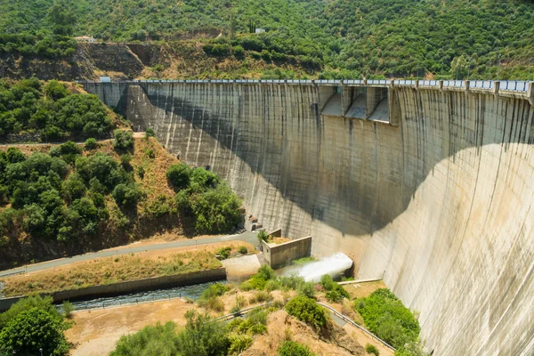 Barragem de reservatório cercada por floresta — Fotografia de Stock