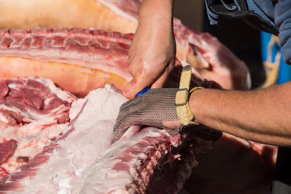 Mãos de açougueiro em porco fresco — Fotografia de Stock