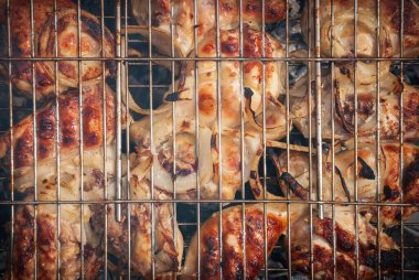 Et, metal bir ızgarada kömürde kızartılıyor. Doğada barbekü hazırlığı.