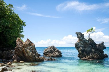 Adaman Denizi 'ndeki adalardan birinin güzel manzarası. Seyahat merkezi geçmişi. Yaz tatili. Boşluğu kopyala.