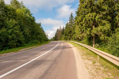 Yol mesafeye gidiyor. Ladin ormanı ve bulutlu mavi gökyüzü