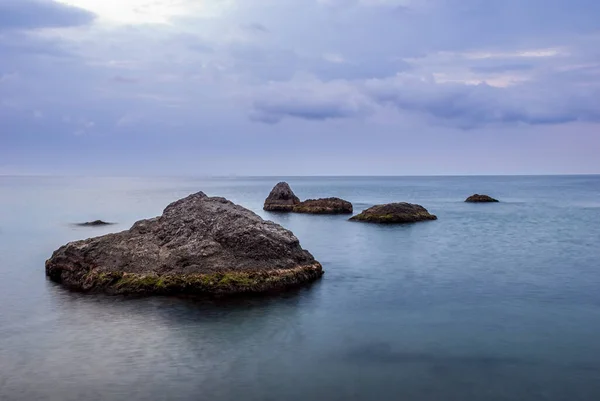 Morning Seascape Sea Water Long Exposure Stones Rocks Beautiful Sky — Stock Photo, Image