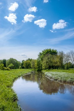 Yaz manzarası. Çayıra, gölete ve ağaçlara karşı mavi gökyüzünün arka planında güzel bulut yığınları.