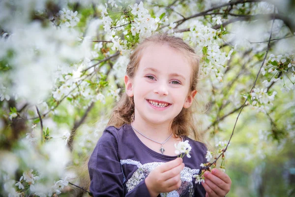 Menina bonito entre árvores de flor de primavera — Fotografia de Stock