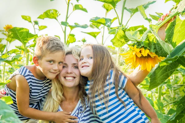 Mutter mit zwei Kindern im Sonnenblumenfeld — Stockfoto