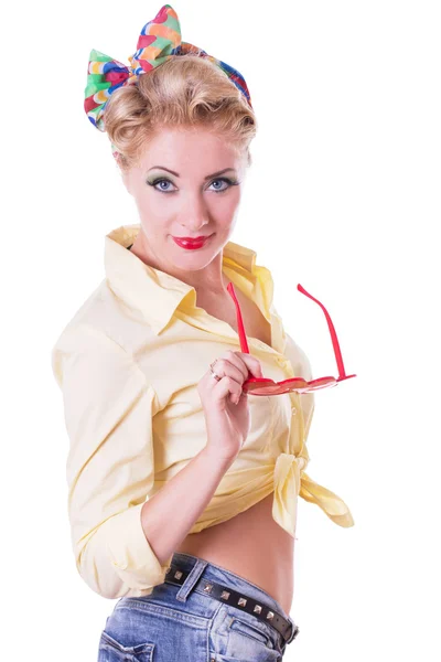 Ładny czerwony heaed szałowy kobietę w okularach — Zdjęcie stockowe