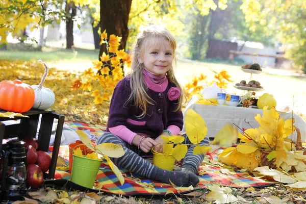 Dívka s piknik za podzimní stromy — Stock fotografie