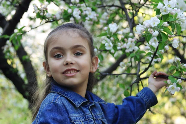 Девушка с цветущим деревом — стоковое фото
