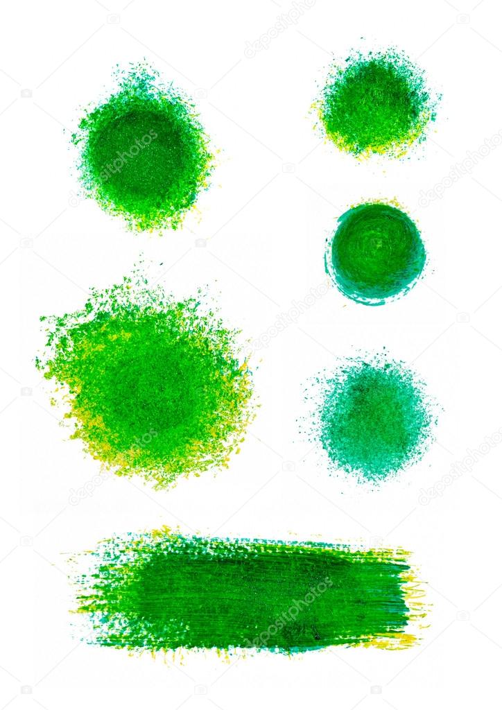 Set of green oil paint splotches and strokes. Artistic design elements