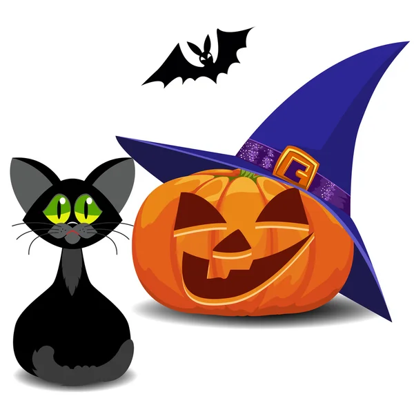 Тыковка, летучая мышь и кошка. Хэллоуин . — стоковый вектор