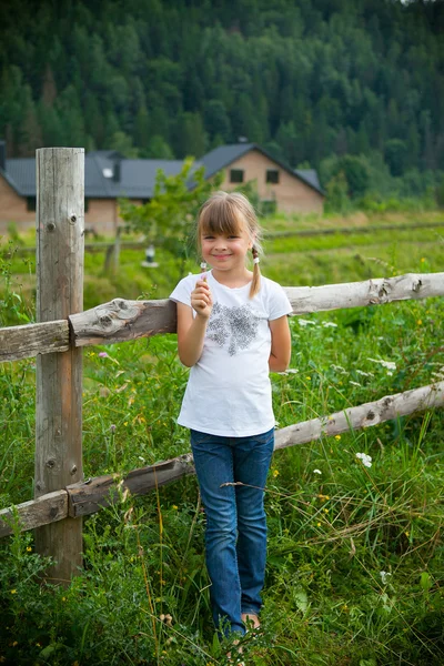 Linda chica en el fondo del paisaje agrícola de verano —  Fotos de Stock