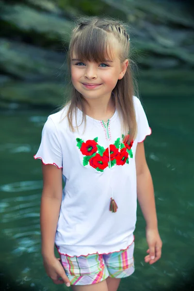 Cheerful girl in Ukrainian embroidery on the background of the C — Stock Photo, Image