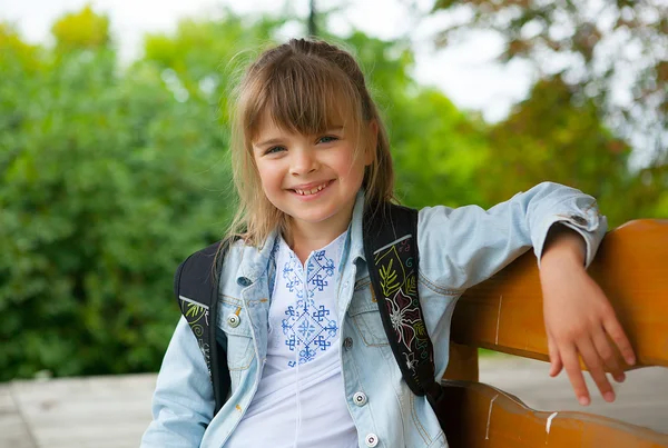 Bella ragazza sorridente in ucraino ricamo su uno sfondo verdegr — Foto Stock