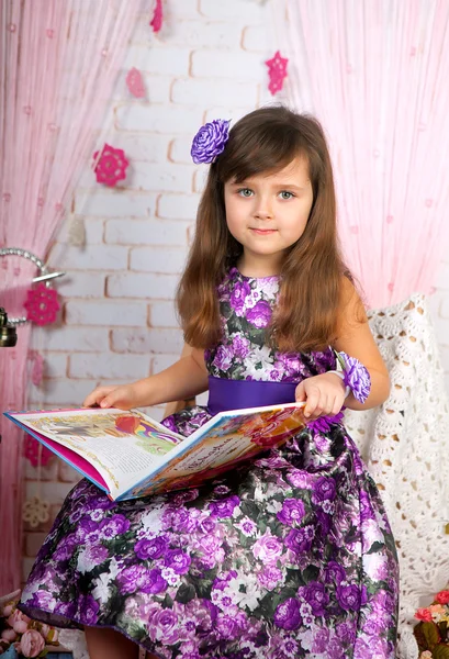Menina bonito em um belo vestido roxo lendo um livro no scen Imagem De Stock
