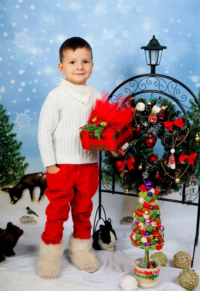 Sevimli küçük çocuk beyaz örgü kazak maliyetleri bir Noel hakkında 