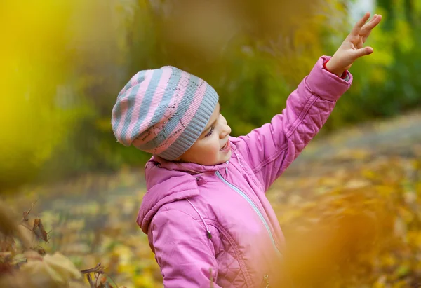 Belle petite fille dans une veste rose et chapeau sur backgro automne — Photo