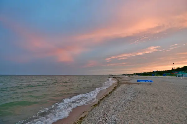 Belle Soirée Coucher Soleil Sur Plage Mer Azov Couleurs Colorées — Photo