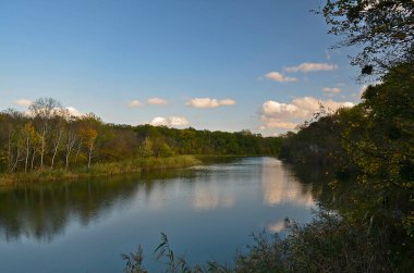 Sonbahar soğuk nehri, şehrin kenar mahallelerinde. .