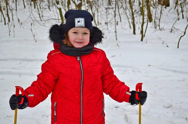 Liten Flicka Barn Åker Skidor Vintern — Stockfoto
