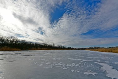 Buz gibi bir nehir boyunca kış yürüyüşü, nehir kıyılarını ve manzaraların kış masalı. Doğu Ukrayna, Samara Nehri.
