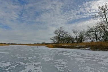 Buz gibi bir nehir boyunca kış yürüyüşü, nehir kıyılarını ve manzaraların kış masalı. Doğu Ukrayna, Samara Nehri.