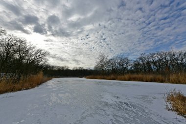 Buz gibi bir nehir boyunca kış yürüyüşü, nehir kıyılarını ve manzaraların kış masalı. Doğu Ukrayna, Samara Nehri.