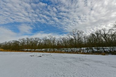 Buz gibi bir nehir boyunca kış yürüyüşü, nehir kıyılarını ve manzaraların kış masalı. Doğu Ukrayna, Samara Nehri.
