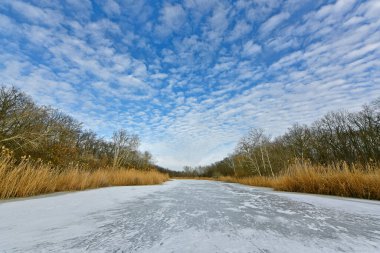 Buz gibi bir nehir boyunca kış yürüyüşü, nehir kıyılarını ve manzaraların kış masalı. Doğu Ukrayna, Samara Nehri.