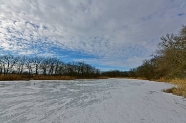 Buz gibi bir nehir boyunca kış yürüyüşü, nehir kıyılarını ve manzaraların kış masalı. Doğu Ukrayna, Samara Nehri.