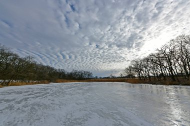 Buz gibi bir nehir boyunca kış yürüyüşü, nehir kıyılarını ve manzaraların kış masalı. Doğu Ukrayna, Samara Nehri.